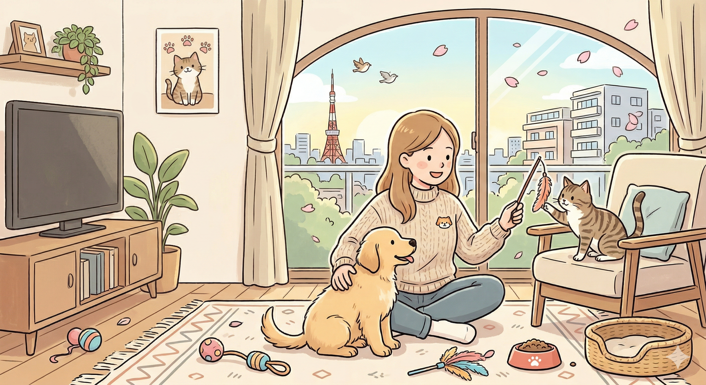 Cozy hand-drawn illustration of English pet sitter in a Setagaya-ku apartment with dog and cat