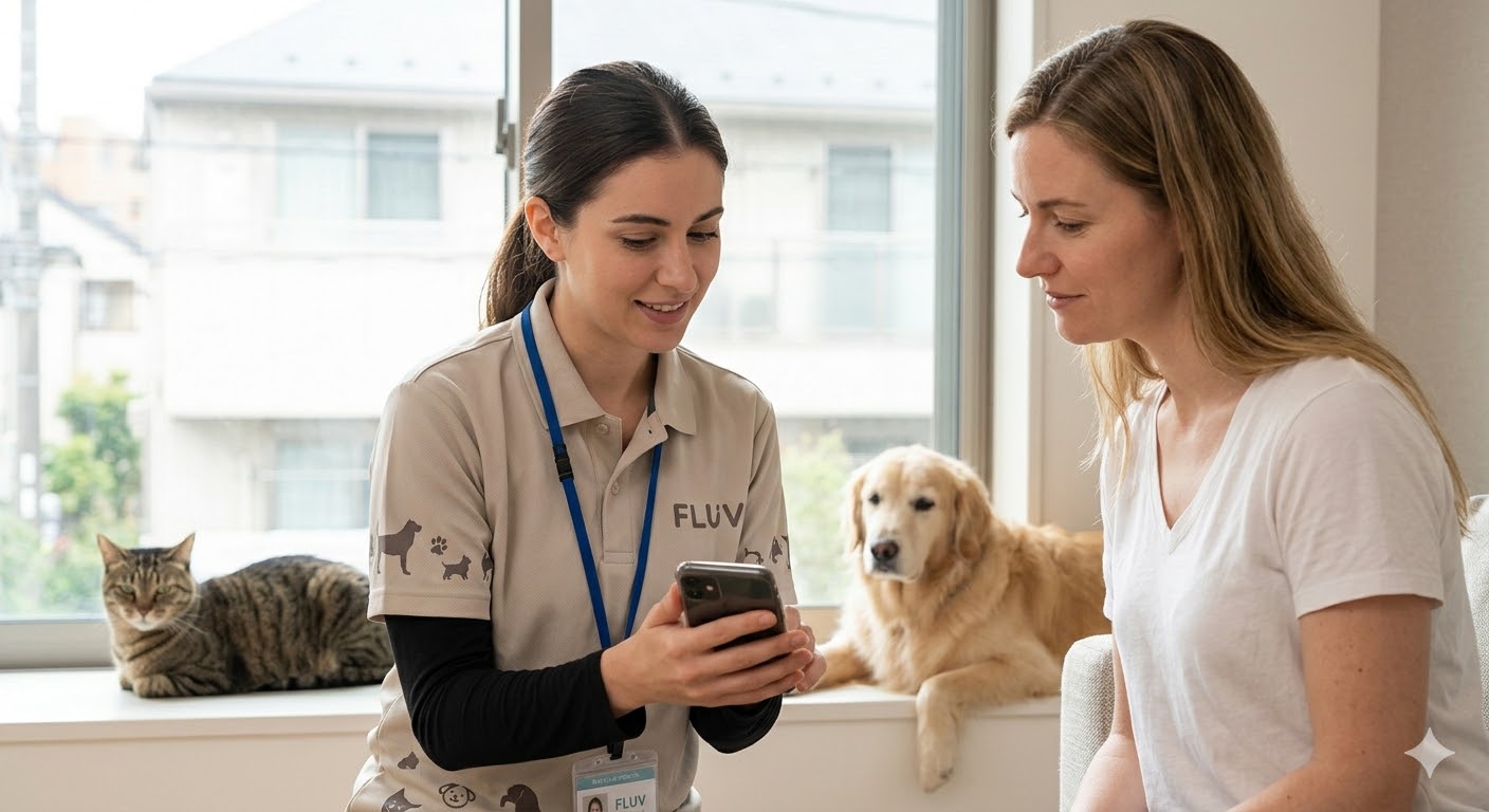 English-speaking pet sitter showing photo report to client in Setagaya-ku Tokyo