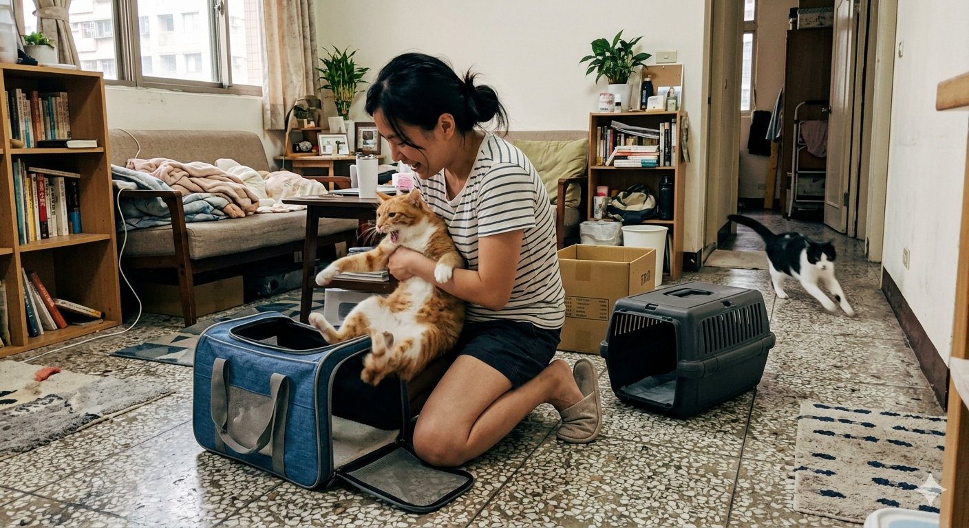 多貓到府保姆與傳統貓旅館比較圖 — 傳統貓旅館：貓咪縮在狹小格子籠、神情緊張的場景
