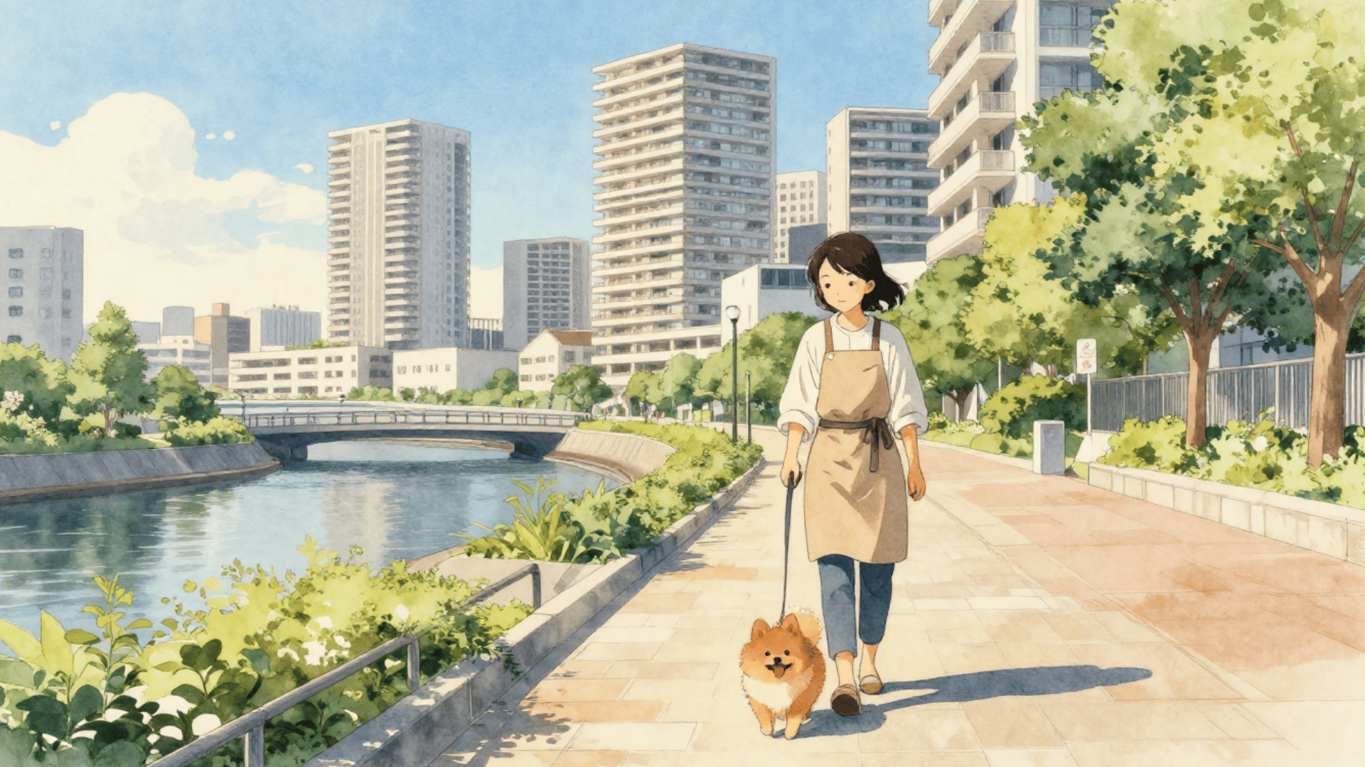 江東区豊洲の運河沿いで、地元の主婦が柴犬とお散歩代行を楽しんでいる様子。背景にはタワーマンション群が立ち並ぶ。