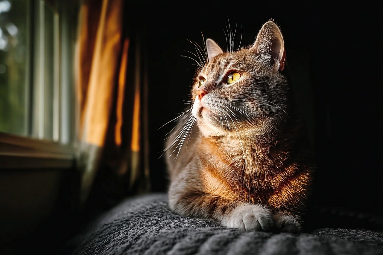 calm cat sitting by window in familiar home setting