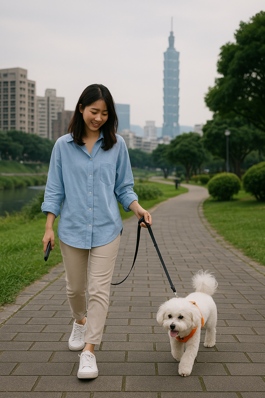 Fluv pet sitter walking a small dog in Taipei park