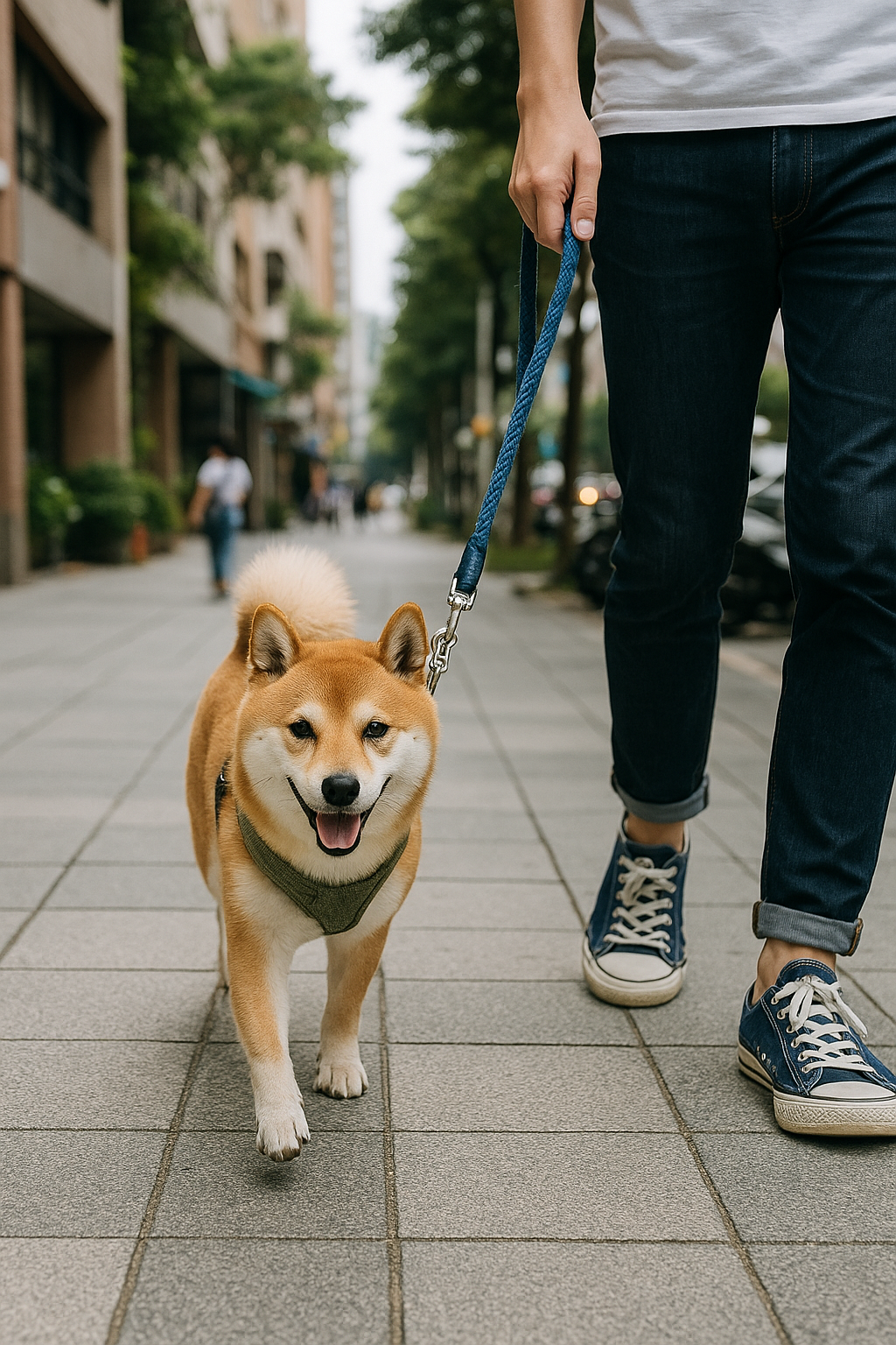 Dog walking calmly on Taipei sidewalk with leash