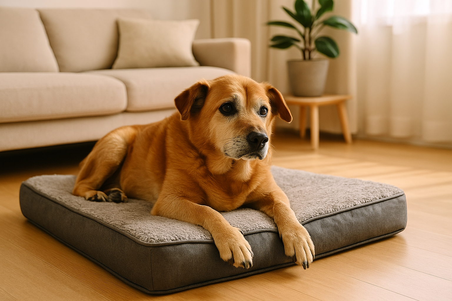 Senior dog resting in an orthopedic bed in New Taipei home