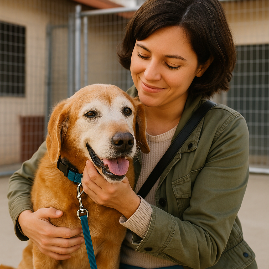 Volunteer walking senior dog at PACK Sanctuary