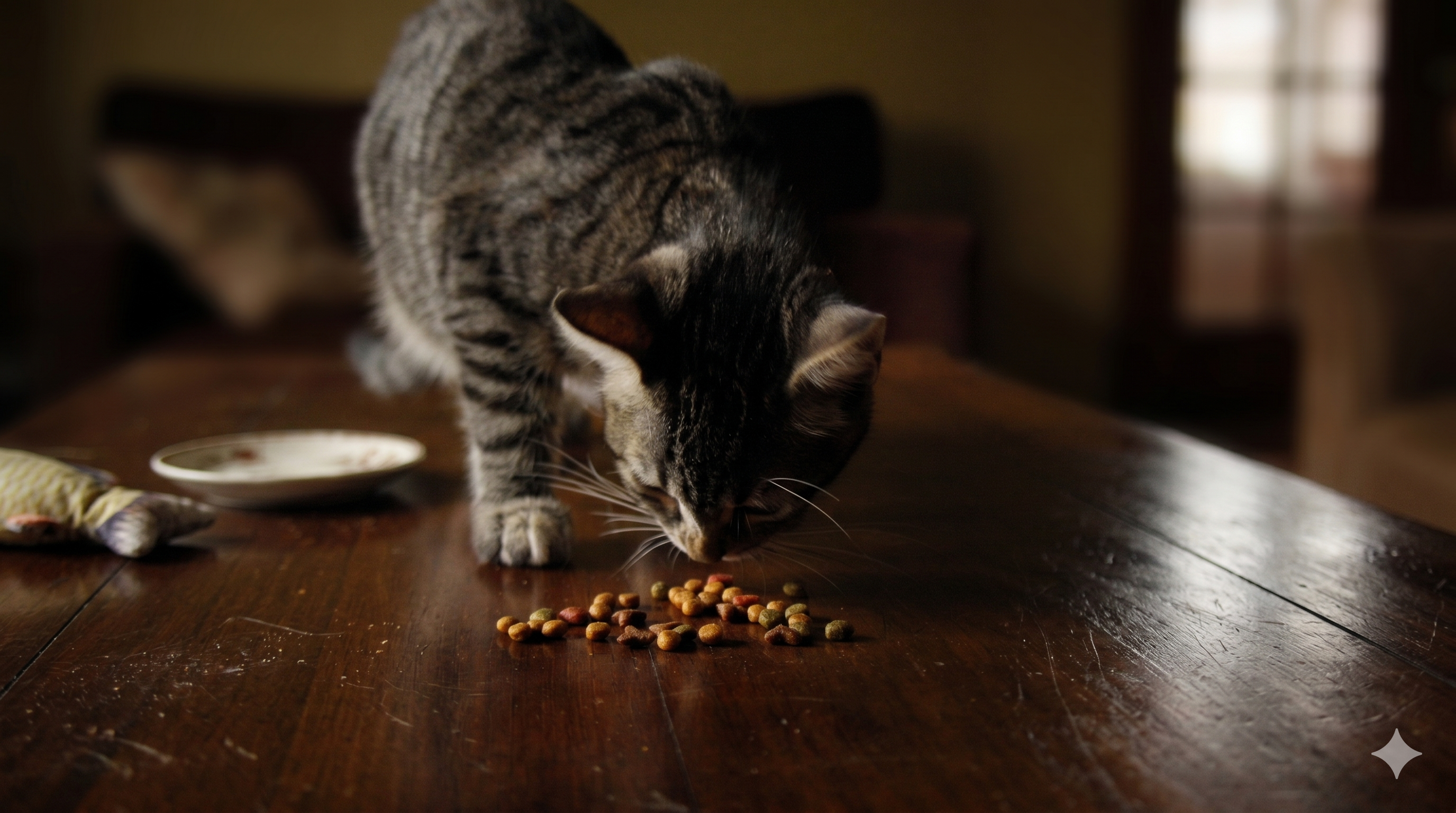 cat eating food from bowl in kitchen
